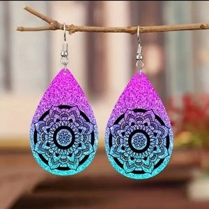 MANDALA PU LEATHER AQUA AND PURPLE DROP EARRINGS W FRENCH HOOK.